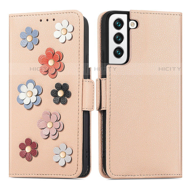 Handytasche Stand Schutzhülle Flip Leder Hülle Blumen S04D für Samsung Galaxy S22 5G Gold Plus