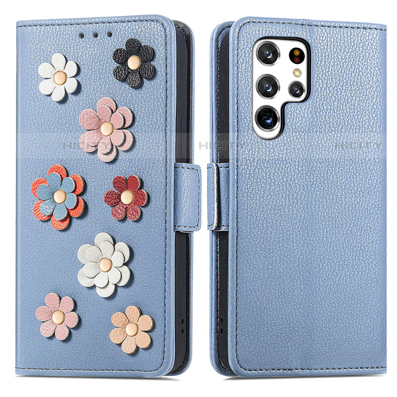 Handytasche Stand Schutzhülle Flip Leder Hülle Blumen S04D für Samsung Galaxy S22 Ultra 5G