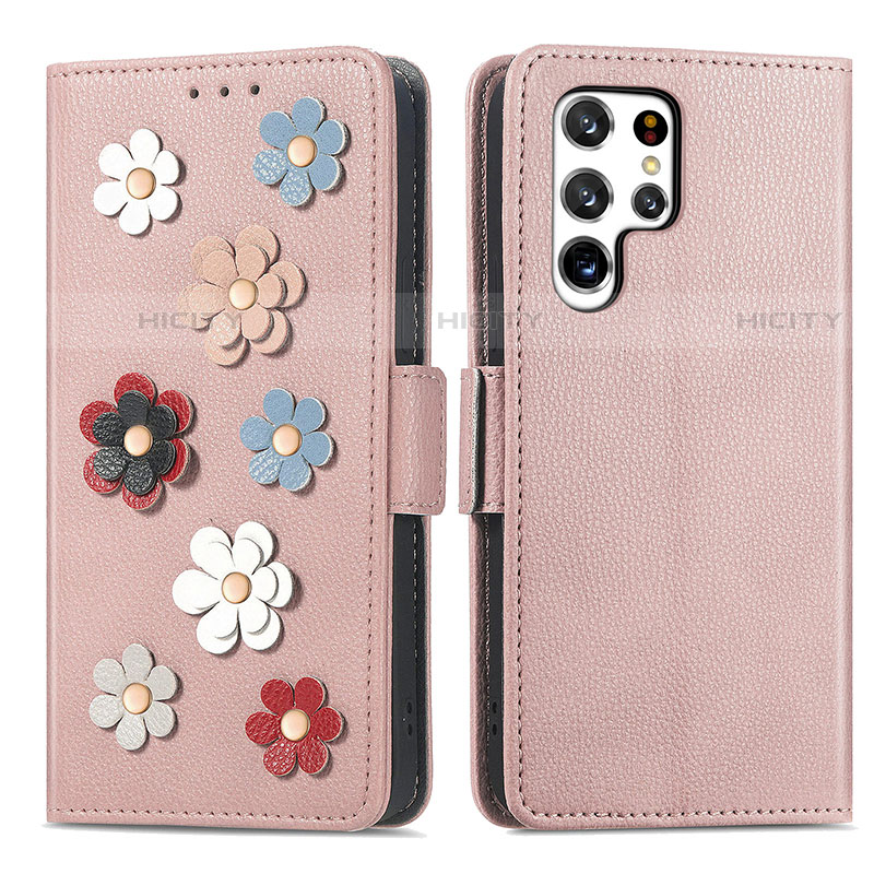 Handytasche Stand Schutzhülle Flip Leder Hülle Blumen S04D für Samsung Galaxy S22 Ultra 5G