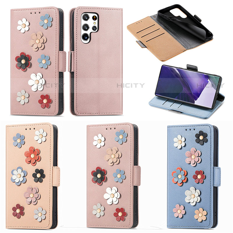 Handytasche Stand Schutzhülle Flip Leder Hülle Blumen S04D für Samsung Galaxy S22 Ultra 5G