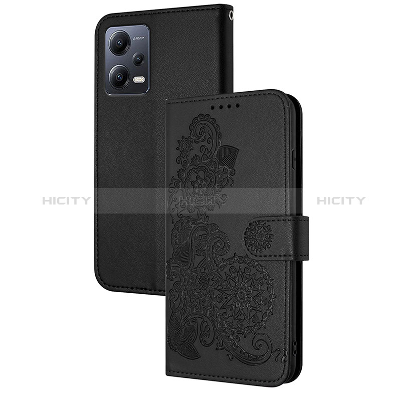 Handytasche Stand Schutzhülle Flip Leder Hülle Blumen Y01X für Xiaomi Redmi Note 12 5G Schwarz