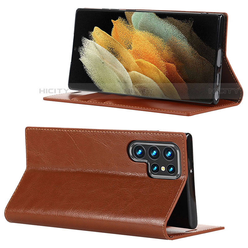 Handytasche Stand Schutzhülle Flip Leder Hülle D08T für Samsung Galaxy S22 Ultra 5G Hellbraun