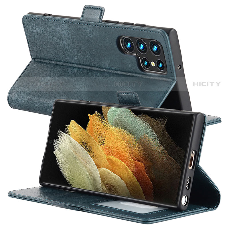 Handytasche Stand Schutzhülle Flip Leder Hülle D10T für Samsung Galaxy S22 Ultra 5G Blau