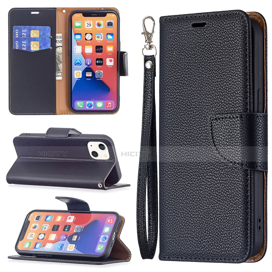 Handytasche Stand Schutzhülle Flip Leder Hülle für Apple iPhone 13 Mini Schwarz