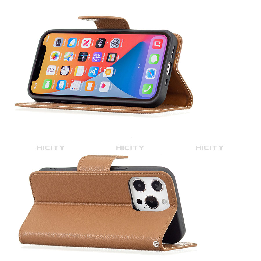 Handytasche Stand Schutzhülle Flip Leder Hülle für Apple iPhone 13 Pro Braun groß