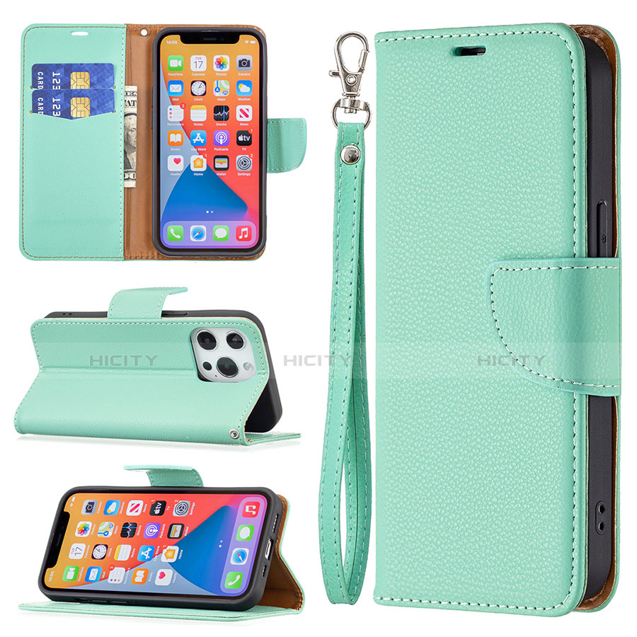 Handytasche Stand Schutzhülle Flip Leder Hülle für Apple iPhone 13 Pro Cyan groß