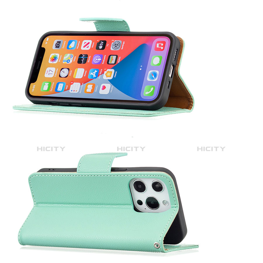 Handytasche Stand Schutzhülle Flip Leder Hülle für Apple iPhone 13 Pro Cyan groß