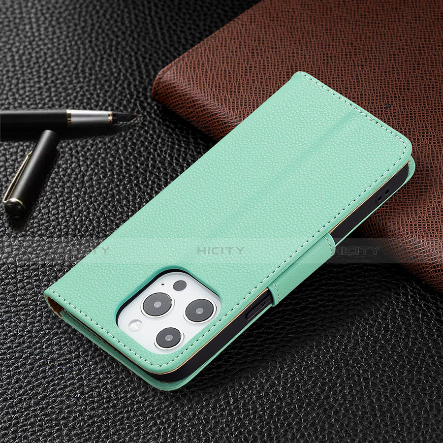 Handytasche Stand Schutzhülle Flip Leder Hülle für Apple iPhone 13 Pro Cyan groß