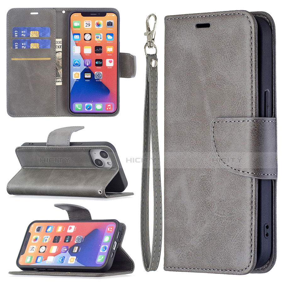 Handytasche Stand Schutzhülle Flip Leder Hülle L01 für Apple iPhone 13 Grau groß