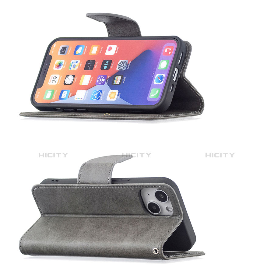 Handytasche Stand Schutzhülle Flip Leder Hülle L01 für Apple iPhone 13 Grau groß