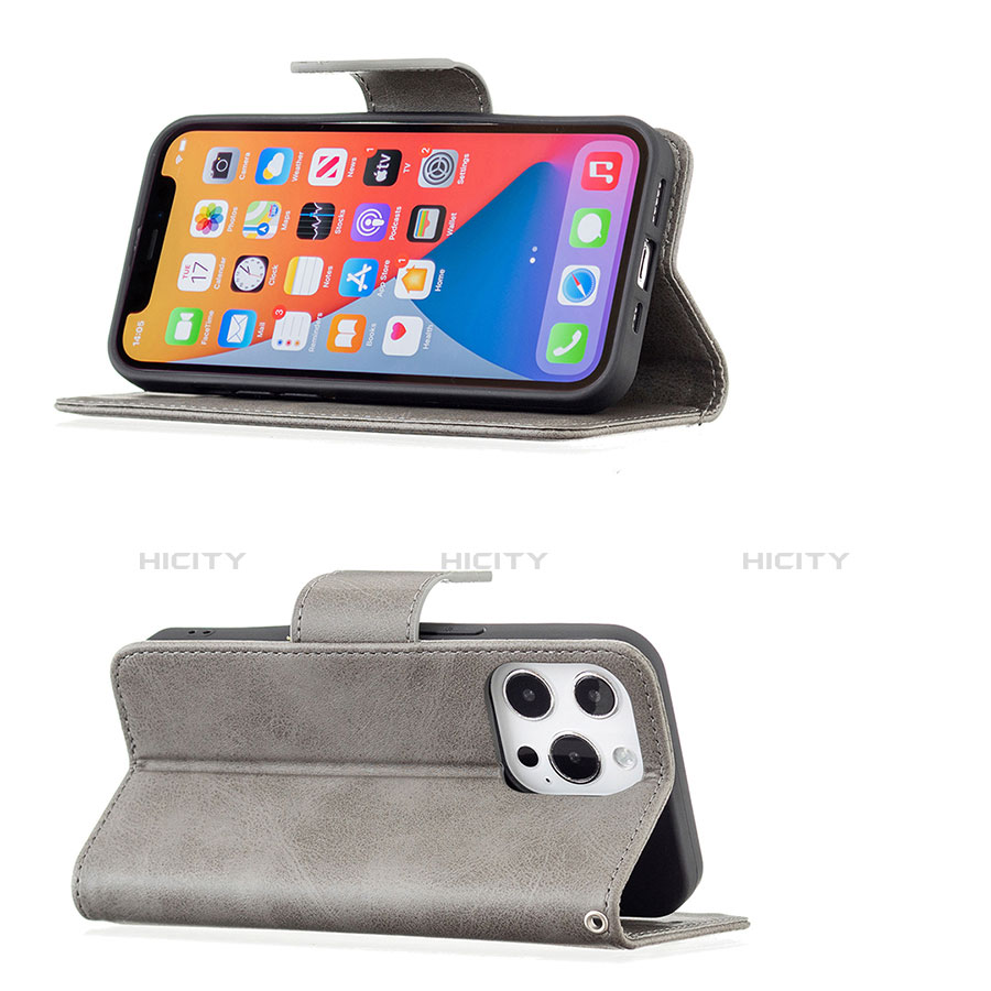 Handytasche Stand Schutzhülle Flip Leder Hülle L01 für Apple iPhone 13 Pro Dunkelgrau groß