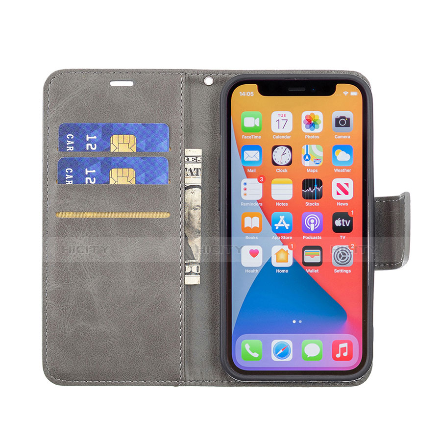 Handytasche Stand Schutzhülle Flip Leder Hülle L01 für Apple iPhone 13 Pro Dunkelgrau groß