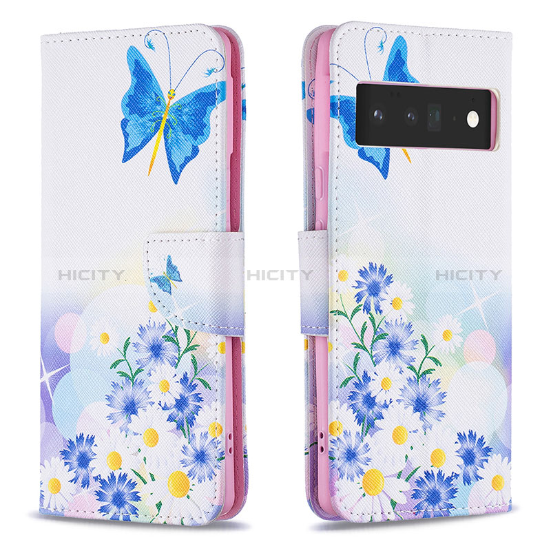 Handytasche Stand Schutzhülle Flip Leder Hülle Modisch Muster B01F für Google Pixel 6 Pro 5G Blau