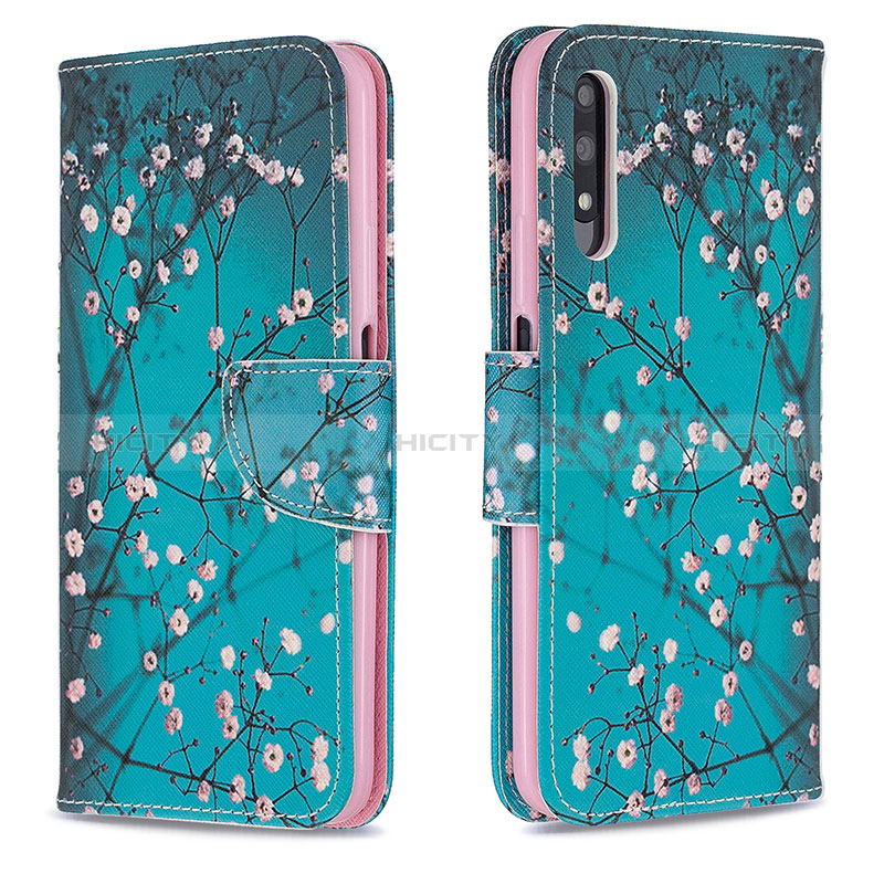 Handytasche Stand Schutzhülle Flip Leder Hülle Modisch Muster B01F für Huawei Y9 Prime (2019) Cyan