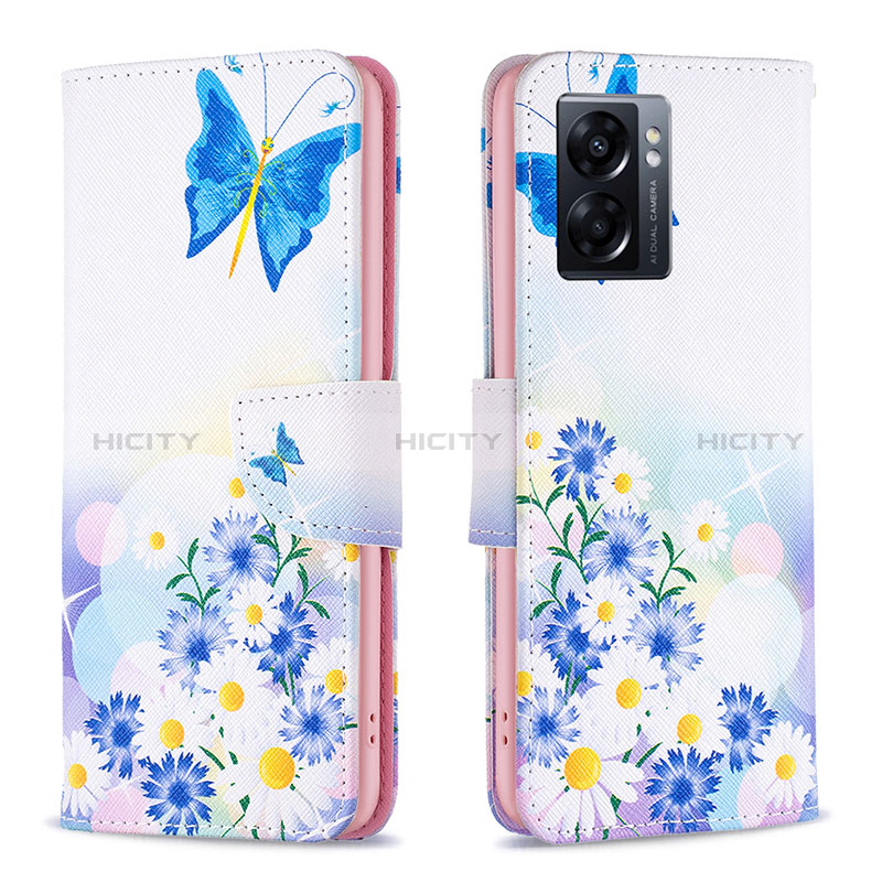 Handytasche Stand Schutzhülle Flip Leder Hülle Modisch Muster B01F für Oppo A56S 5G Blau