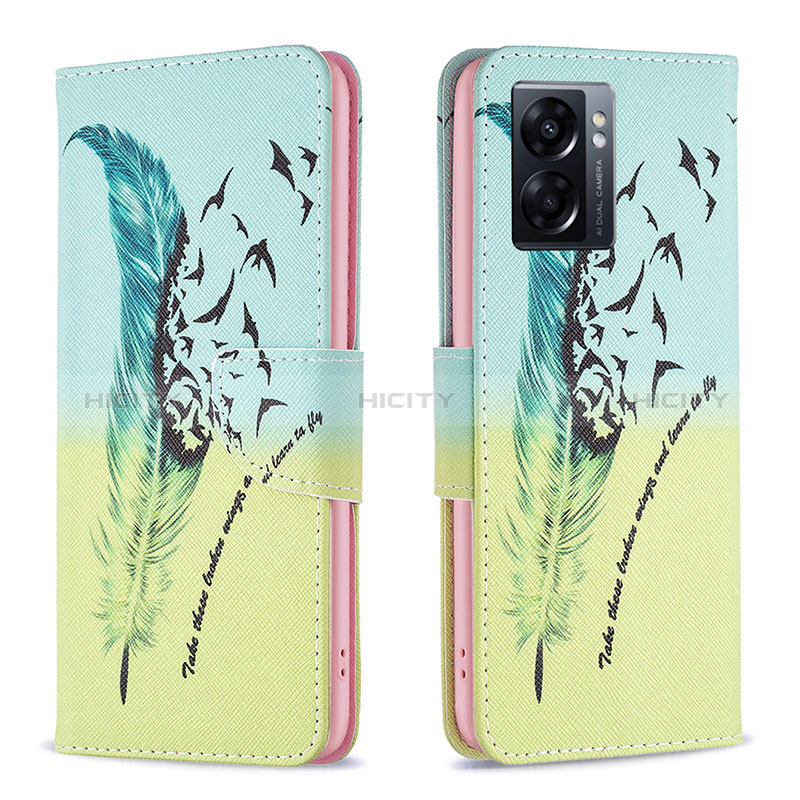 Handytasche Stand Schutzhülle Flip Leder Hülle Modisch Muster B01F für Oppo A56S 5G Minzgrün Plus