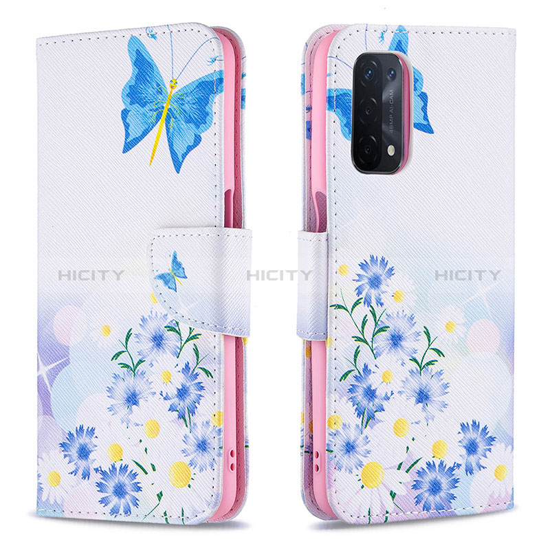 Handytasche Stand Schutzhülle Flip Leder Hülle Modisch Muster B01F für Oppo A74 5G Blau Plus