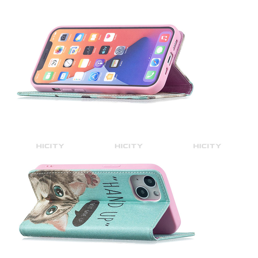 Handytasche Stand Schutzhülle Flip Leder Hülle Modisch Muster für Apple iPhone 13 Mini Cyan