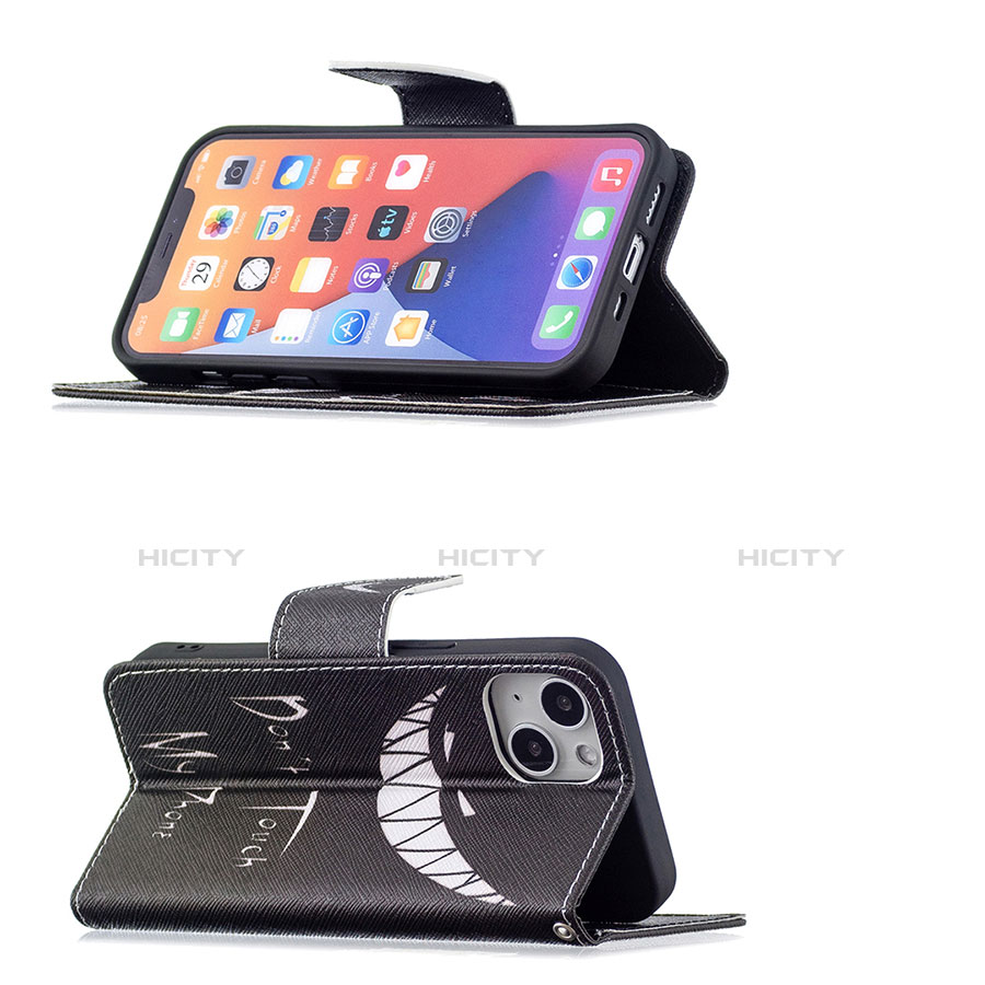 Handytasche Stand Schutzhülle Flip Leder Hülle Modisch Muster L01 für Apple iPhone 13 Schwarz