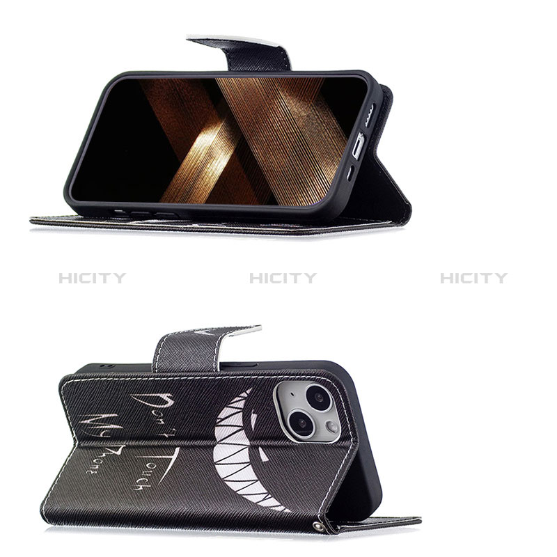 Handytasche Stand Schutzhülle Flip Leder Hülle Modisch Muster L01 für Apple iPhone 15 Plus Schwarz