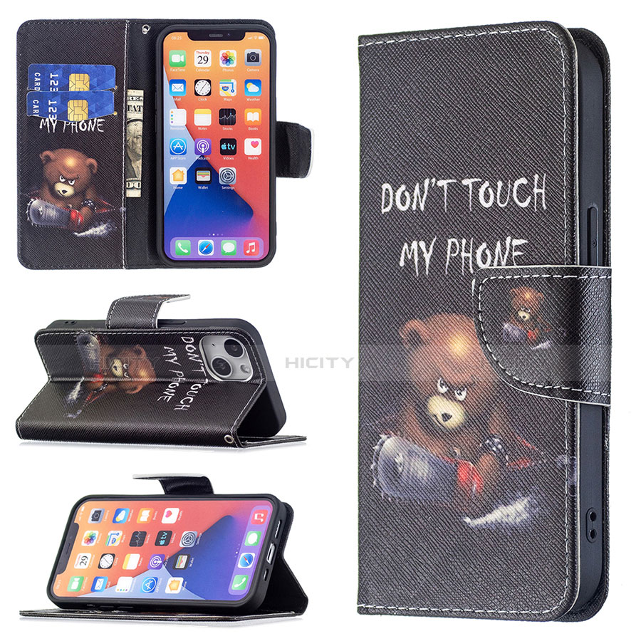 Handytasche Stand Schutzhülle Flip Leder Hülle Modisch Muster L02 für Apple iPhone 13 Schwarz groß