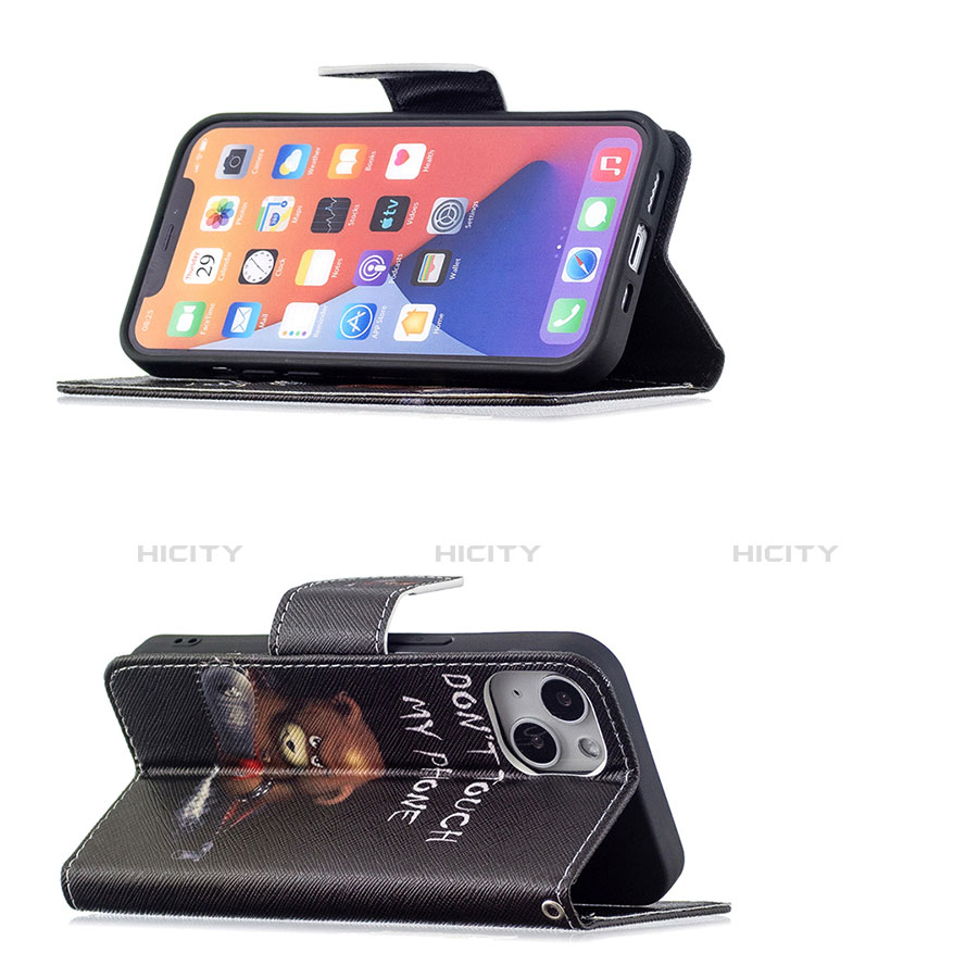 Handytasche Stand Schutzhülle Flip Leder Hülle Modisch Muster L02 für Apple iPhone 13 Schwarz groß