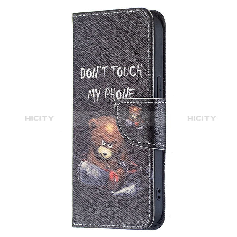 Handytasche Stand Schutzhülle Flip Leder Hülle Modisch Muster L02 für Apple iPhone 15 Schwarz groß