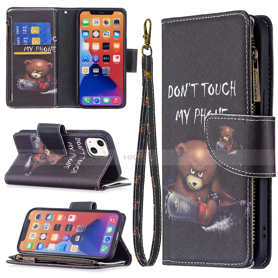 Handytasche Stand Schutzhülle Flip Leder Hülle Modisch Muster L03 für Apple iPhone 13 Schwarz groß