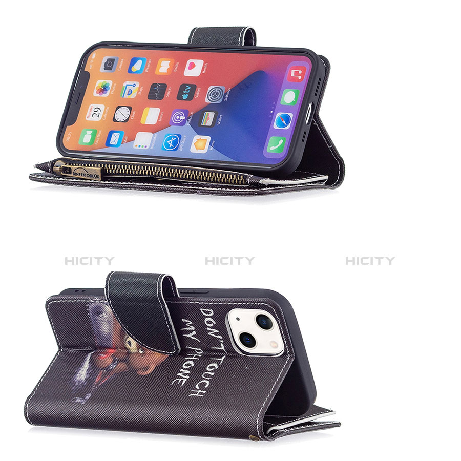 Handytasche Stand Schutzhülle Flip Leder Hülle Modisch Muster L03 für Apple iPhone 13 Schwarz groß