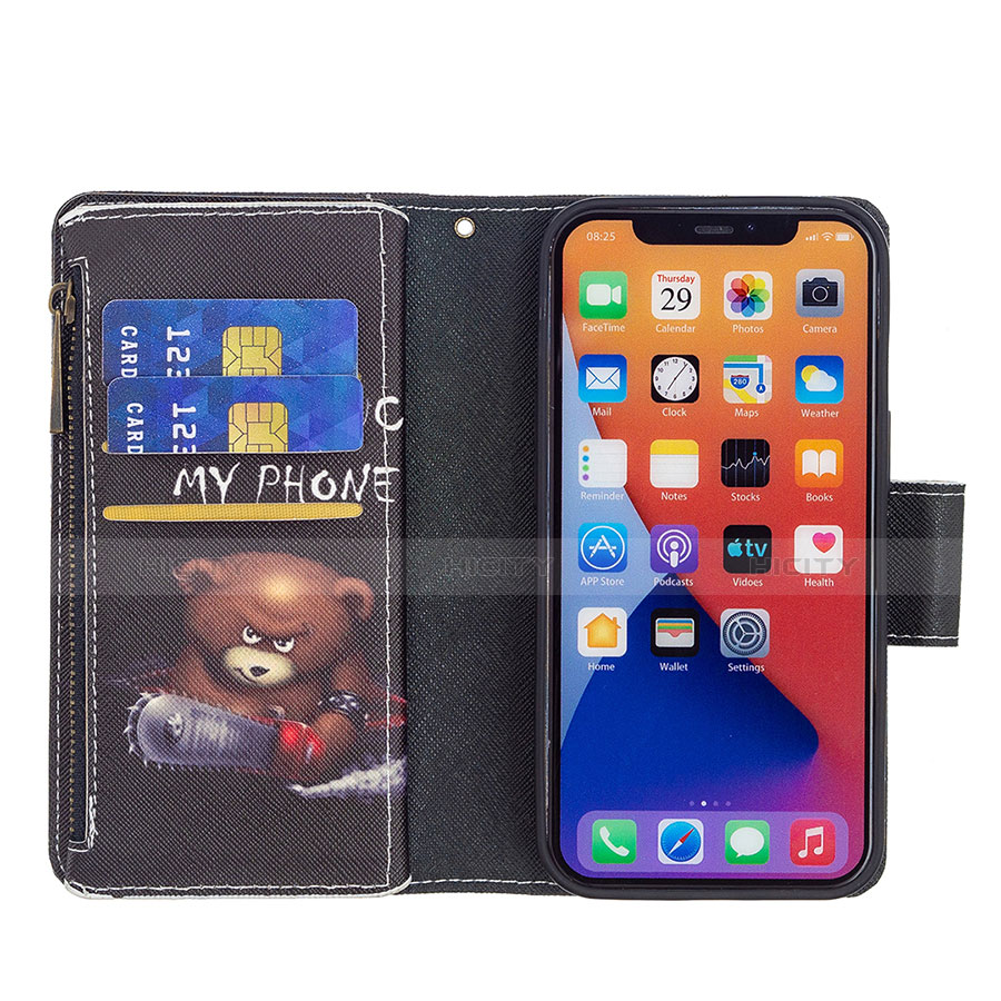 Handytasche Stand Schutzhülle Flip Leder Hülle Modisch Muster L03 für Apple iPhone 13 Schwarz groß