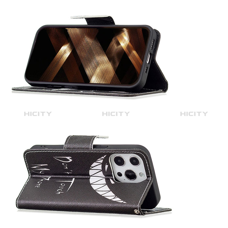 Handytasche Stand Schutzhülle Flip Leder Hülle Modisch Muster L03 für Apple iPhone 14 Pro Schwarz