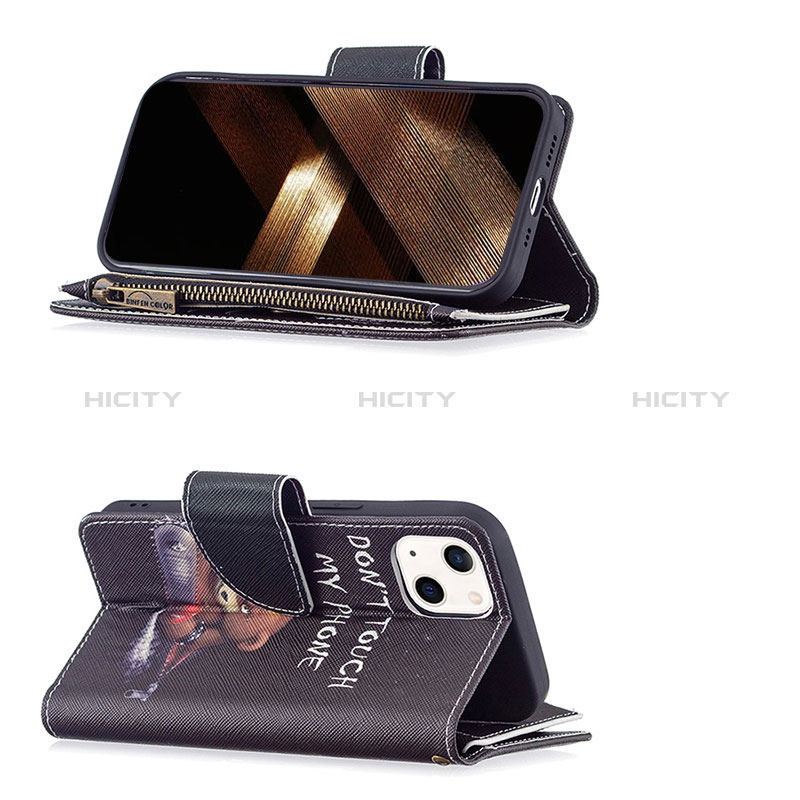 Handytasche Stand Schutzhülle Flip Leder Hülle Modisch Muster L03 für Apple iPhone 15 Schwarz