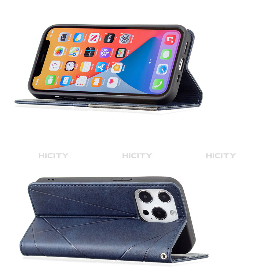 Handytasche Stand Schutzhülle Flip Leder Hülle Modisch Muster L04 für Apple iPhone 13 Pro Max Blau groß