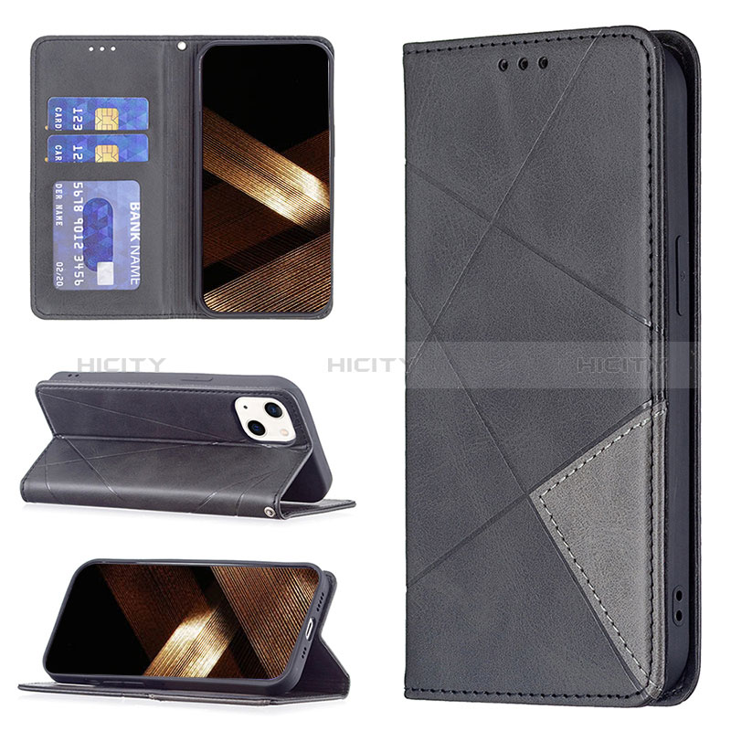 Handytasche Stand Schutzhülle Flip Leder Hülle Modisch Muster L04 für Apple iPhone 15 Plus Schwarz