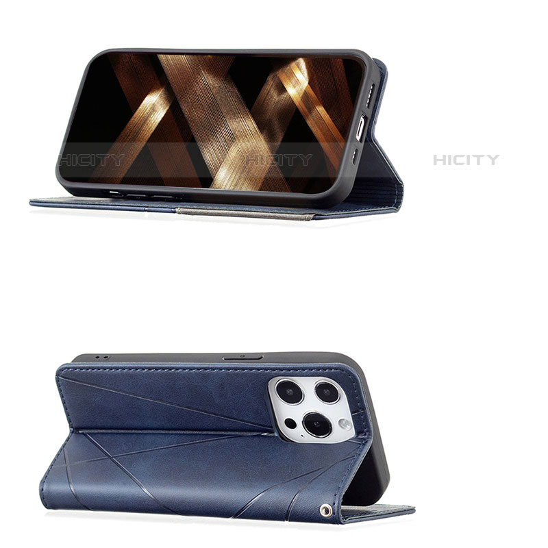 Handytasche Stand Schutzhülle Flip Leder Hülle Modisch Muster L04 für Apple iPhone 15 Pro Blau groß