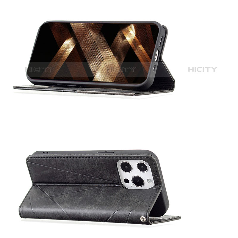 Handytasche Stand Schutzhülle Flip Leder Hülle Modisch Muster L04 für Apple iPhone 15 Pro Max Schwarz