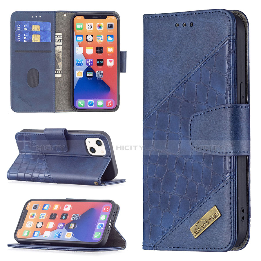 Handytasche Stand Schutzhülle Flip Leder Hülle Modisch Muster L05 für Apple iPhone 13 Blau