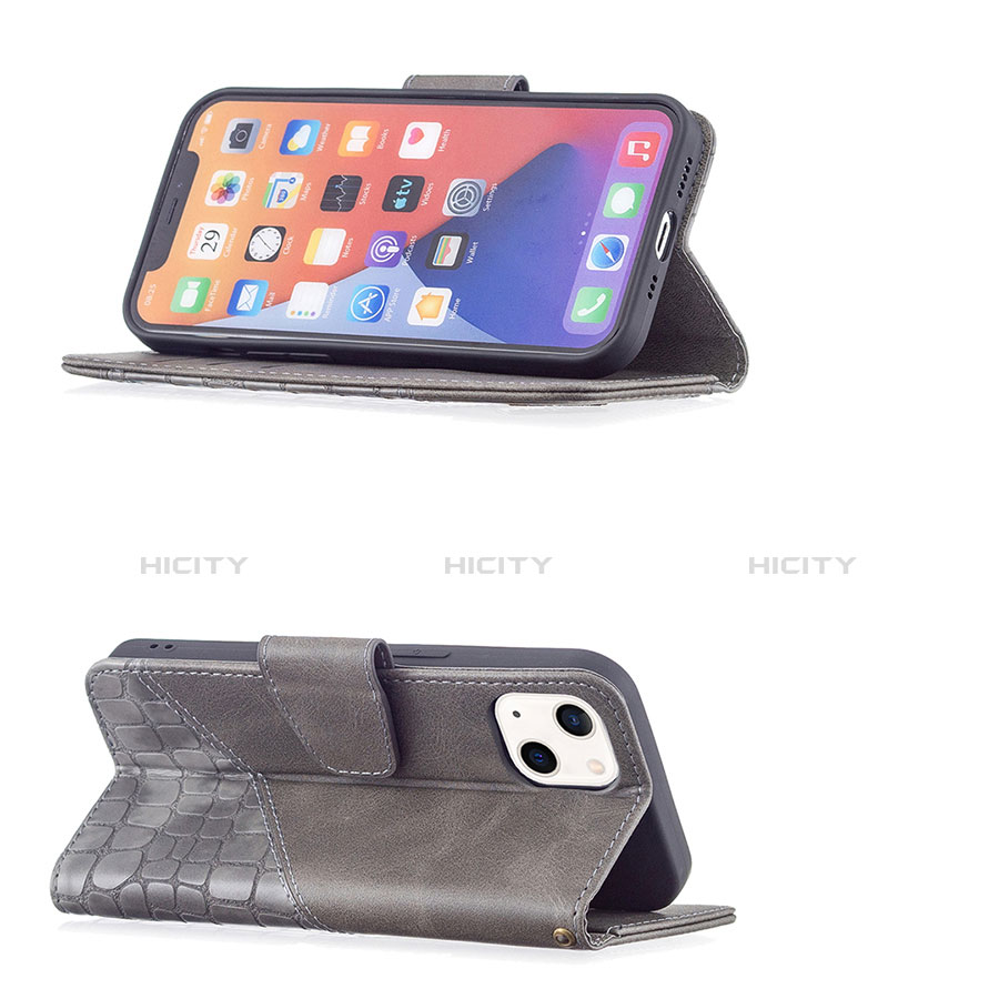 Handytasche Stand Schutzhülle Flip Leder Hülle Modisch Muster L05 für Apple iPhone 13 Grau