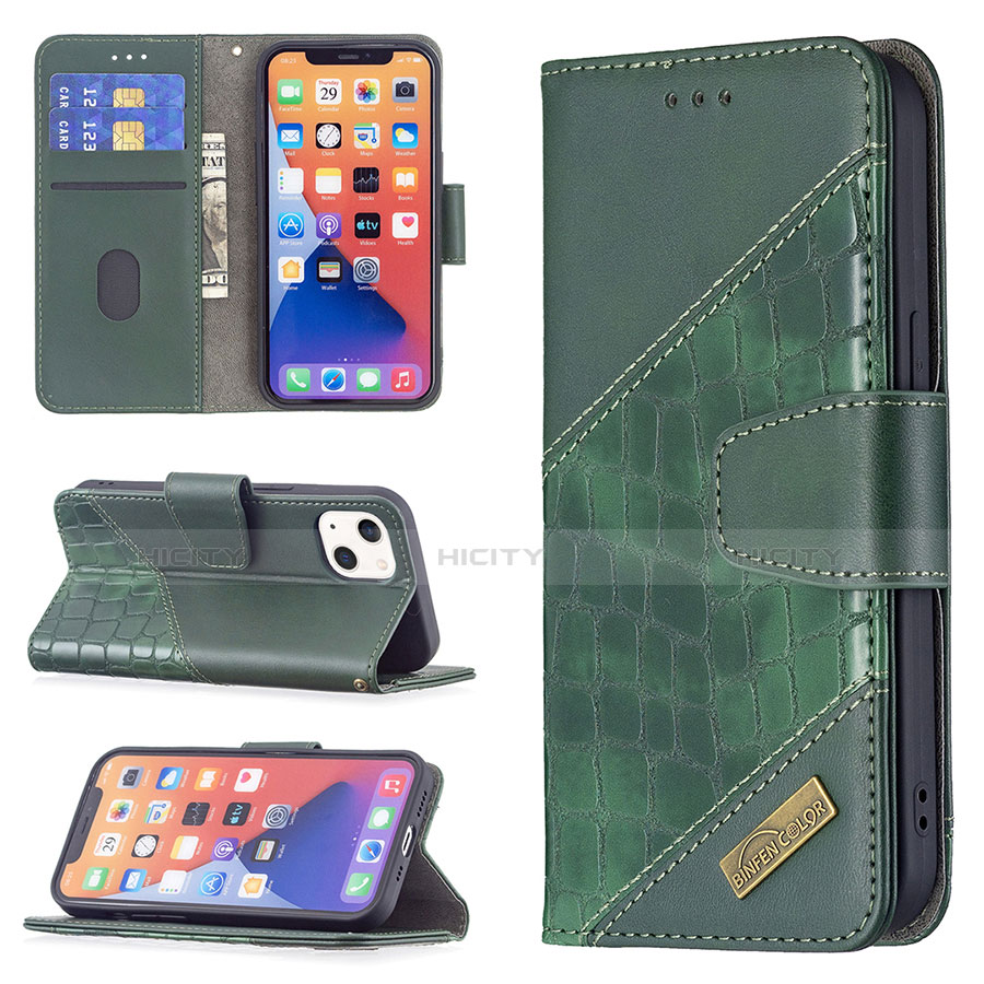 Handytasche Stand Schutzhülle Flip Leder Hülle Modisch Muster L05 für Apple iPhone 13 Grün