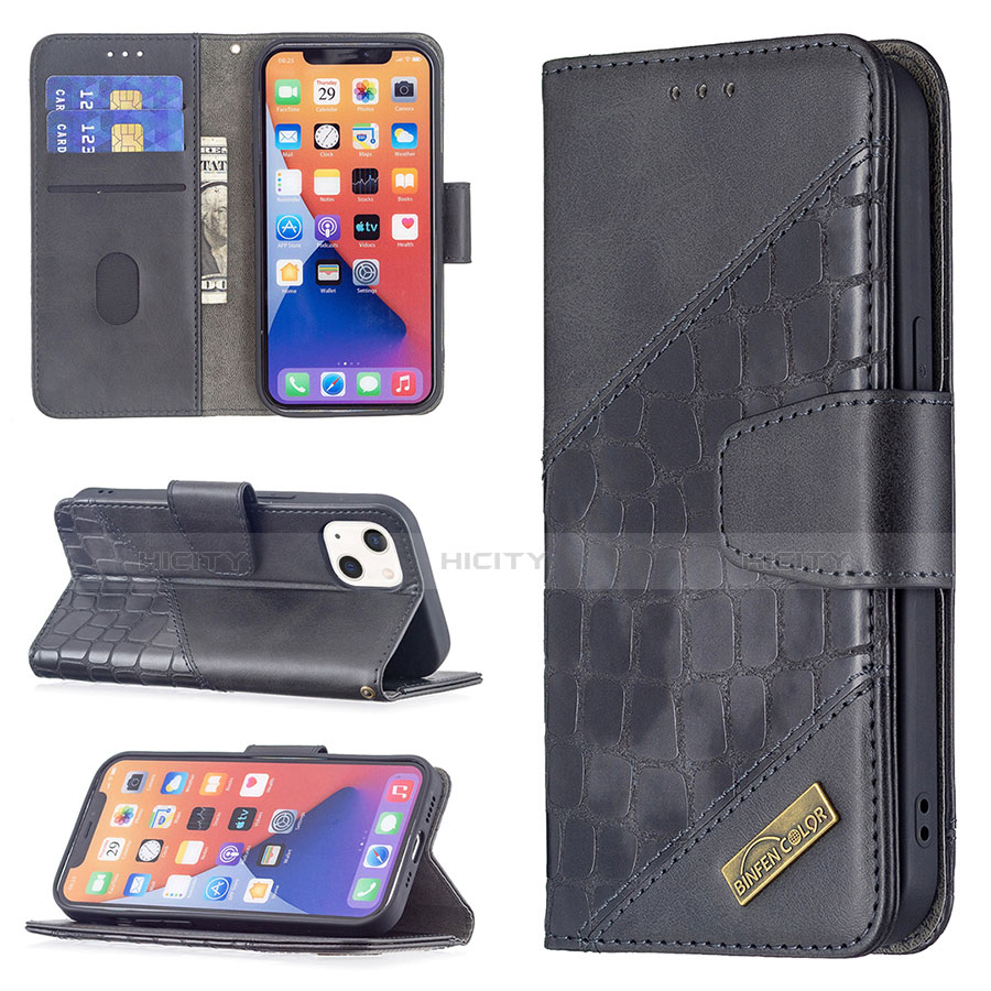 Handytasche Stand Schutzhülle Flip Leder Hülle Modisch Muster L05 für Apple iPhone 13 Mini Schwarz