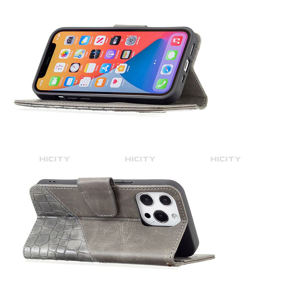 Handytasche Stand Schutzhülle Flip Leder Hülle Modisch Muster L05 für Apple iPhone 13 Pro Grau