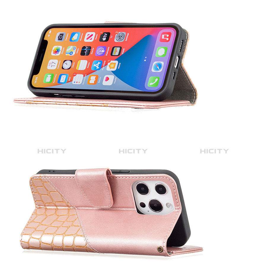 Handytasche Stand Schutzhülle Flip Leder Hülle Modisch Muster L05 für Apple iPhone 13 Pro Max Rosegold