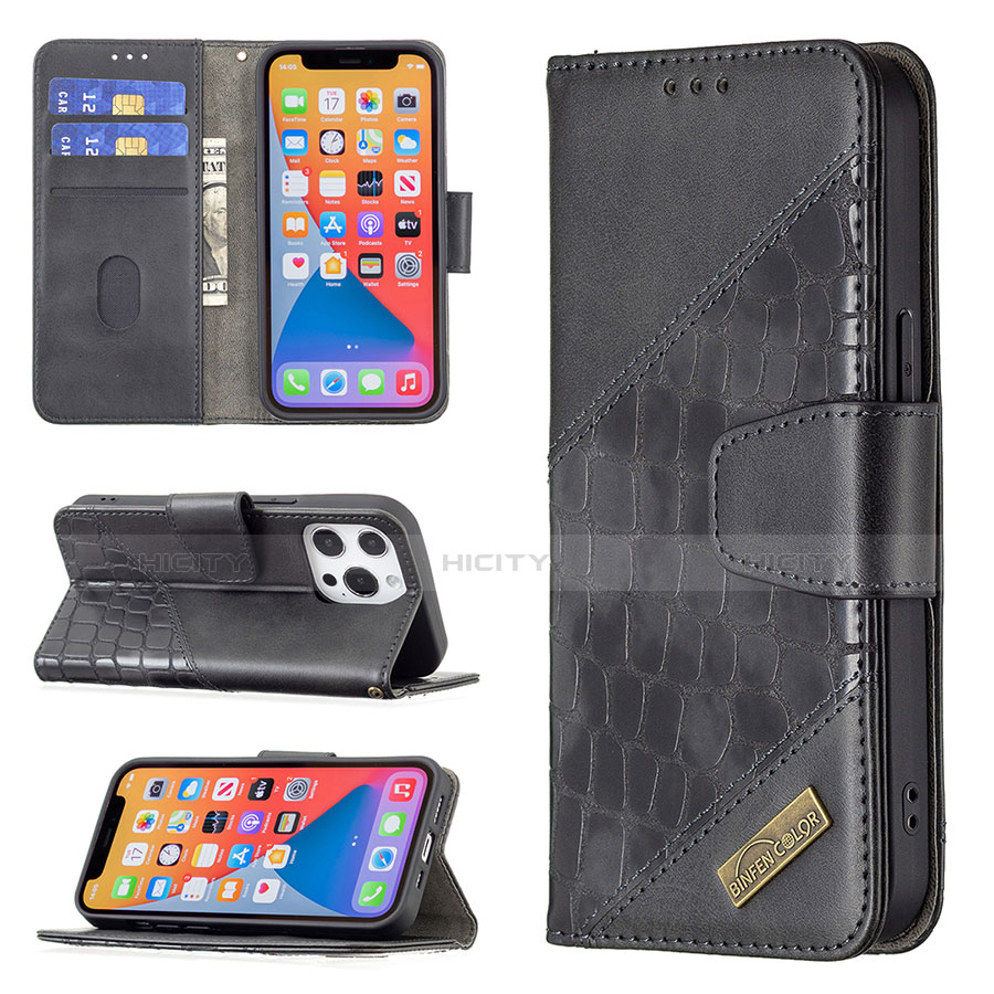 Handytasche Stand Schutzhülle Flip Leder Hülle Modisch Muster L05 für Apple iPhone 13 Pro Max Schwarz