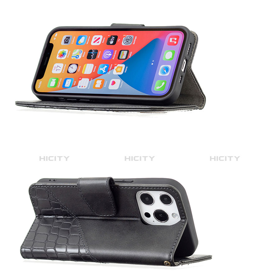 Handytasche Stand Schutzhülle Flip Leder Hülle Modisch Muster L05 für Apple iPhone 13 Pro Max Schwarz