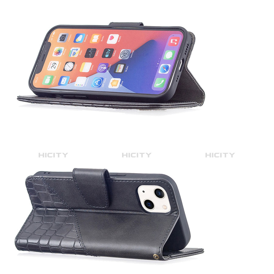 Handytasche Stand Schutzhülle Flip Leder Hülle Modisch Muster L05 für Apple iPhone 13 Schwarz groß