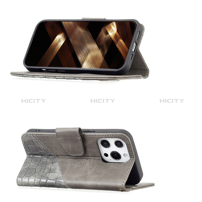 Handytasche Stand Schutzhülle Flip Leder Hülle Modisch Muster L05 für Apple iPhone 14 Pro Grau