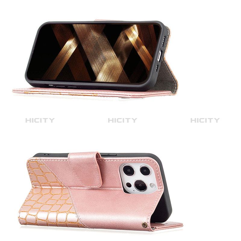 Handytasche Stand Schutzhülle Flip Leder Hülle Modisch Muster L05 für Apple iPhone 14 Pro Max Rosegold