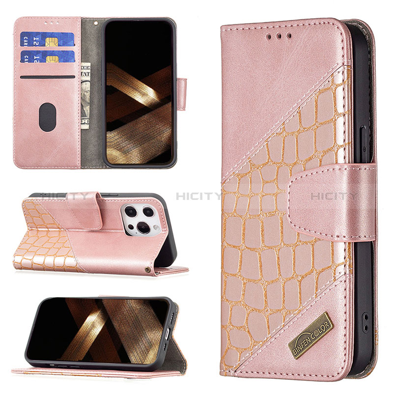 Handytasche Stand Schutzhülle Flip Leder Hülle Modisch Muster L05 für Apple iPhone 14 Pro Rosegold