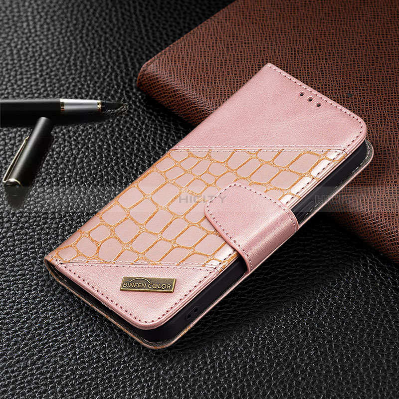 Handytasche Stand Schutzhülle Flip Leder Hülle Modisch Muster L05 für Apple iPhone 14 Pro Rosegold