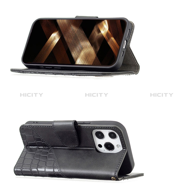 Handytasche Stand Schutzhülle Flip Leder Hülle Modisch Muster L05 für Apple iPhone 14 Pro Schwarz